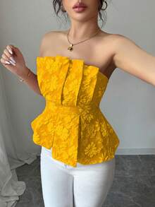 Rafferiza 女士奢华优雅花卉抹胸不对称上衣 - 黃色 - 查看 5