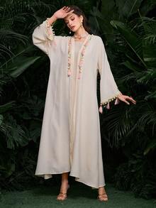 Al Najma Apricot & Pink Floral Trim Arabic Abaya With Headscarf