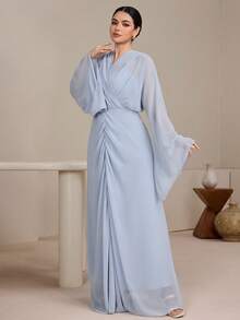 Graceveil Women's Elegant Modest Dusty Blue Dress,Autumn Dining Commute V-Neck Asymmetric Draped Pleated Flare Sleeve Textured Lightweight Loose Sheer Outfit - Gray Blue - View 3