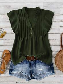 SHEIN LUNE CURVE Plus Size Casual V-Neck Partial Placket Ruffle Trim Blouse - Army Green - View 1