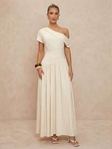 Lumalex 女士优雅休闲杏色不对称领口荷叶边短袖修身喇叭连衣裙，春夏款 - 杏色 - 查看 2