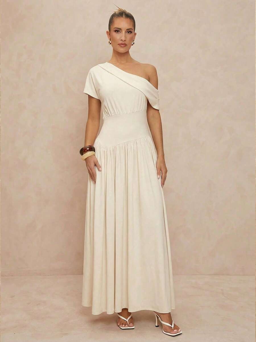 Lumalex 女士优雅休闲杏色不对称领口荷叶边短袖修身喇叭连衣裙，春夏款