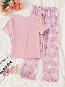 Girls' White Bow Print Pink Short Sleeve Top Paired With Plaid Bow & Heart Print Ruffle Hem Pants Pajama Set - Pink - View 2