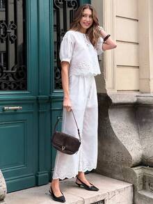 SHEIN PariChic Summer New Embroidery Ensemble – French-Inspired Lace-Up V-Neck Drop Shoulder Sleeve Blouse (Featuring Cutout Lace Hem) + Elastic-Waisted Flowy Wide-Leg Trousers | A Gentle-Chic Two Pieces For Office, Vacation & Date Nights | Breathable, Skin-Soft White Elegant Attire White Linen Pants Set White Wide Leg Pants Women White Brunch Outfit White Jumpsuit Elegant Lace Jumpsuit - White - View 5