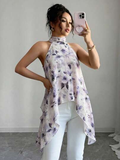 Rafferiza Women's Summer Halter Backless Bow-Tie Chiffon Cover Up, Watercolor Floral Print, Stand Collar, Asymmetric Flowy Hem, Vacation/Date Casual Elegant Comfortable Outerwear Top