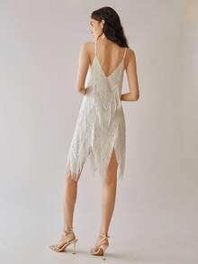 Uhlyne Petite Women's Spaghetti Strap Sequin V-Neck Tassel Hem Dress - White - View 2