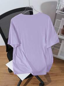 SHEIN EZwear Áo thun nữ dáng rộng, phong cách tối giản, cổ tròn, tay ngắn, in chữ tiếng Anh nổi bật. - Màu tím hoa cà - Xem 4