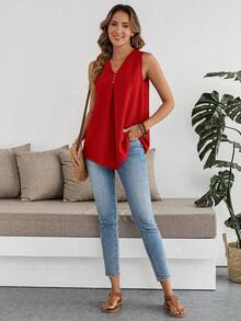 EMERY ROSE Camiseta sin mangas casual con cuello en V y pliegues de unicolor para mujer - Rojo - Ver 6