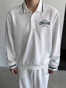 DAZY 男士字母印花拼接设计 Polo 衫套装，春秋季 - 白色 - 查看 4