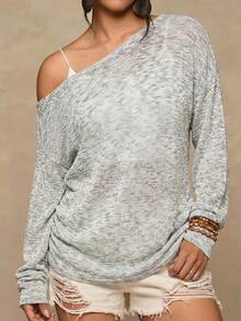 Freevana Plus Size Casual Asymmetrical Shoulder Knit Top, Versatile All-Match T-Shirt For Autumn/Winter - Grey - View 1