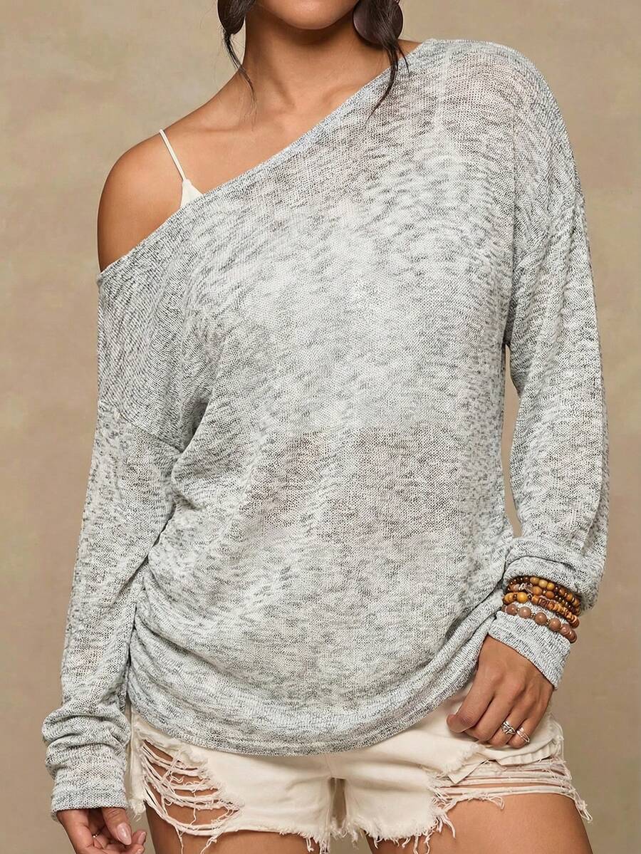 Freevana Plus Size Casual Asymmetrical Shoulder Knit Top, Versatile All-Match T-Shirt For Autumn/Winter - Grey - View 1