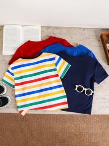 SHEIN 买三送一，4件/套，男女童舒适百搭休闲条纹短袖T恤，带口袋，适合日常穿着、运动、郊游、上学、聚会、节日、摄影、返校季、春夏穿着。 - 寶藍色 - 查看 2