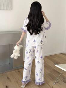 SHEIN 青少年女孩花卉印花對比色荷葉領睡衣套裝 夏季 - 淡紫色 - 查看 5