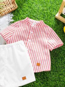 SHEIN 2pcs Young Boys Casual Comfortable Versatile Striped Mandarin Collar Short Sleeve Shirt And Shorts Set - Pink - View 8
