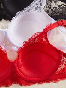 SHEIN 3件套女士极简钢圈文胸，性感蕾丝浪漫法式风格内衣 - 彩色 - 查看 4