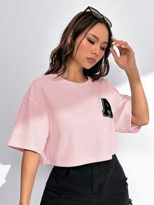 SHEIN EZwear Áo thun nữ mùa xuân/hè mới, cổ tròn, vai rớt, chất liệu dệt kim, in chữ, màu hồng, thích hợp mặc thường ngày, áo thun nữ tay ngắn, áo kiểu nữ mùa hè, áo phông nữ. - Hồng - Xem 3