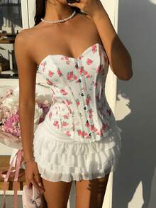 MainGRL 可爱浪漫优雅粉色花卉鱼骨图案。花卉上衣，假日情人节女士束身胸衣，花卉抹胸上衣，度假女士花卉胸衣，白色无肩带上衣 - 白色 - 查看 1