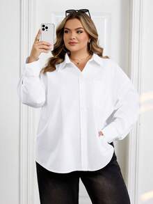 SHEIN CURVE+ 大码休闲百搭纯色衬衫 - 白色 - 查看 3