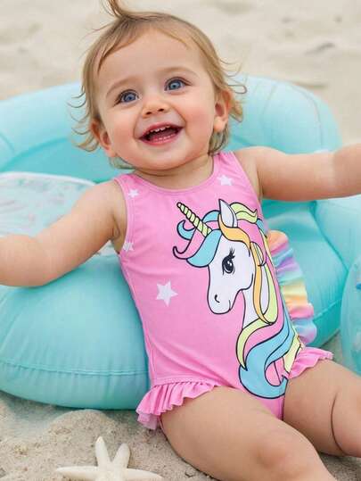 SHEIN Cute Baby Girl Casual, Simple, And Adorable Patterned Tank Top Swimsuit Is Perfect For Outings, Vacations, And Spring/Summer.