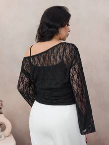 Seusyu Plus Size Women Elegant Fitted Lace Patchwork Asymmetric Shoulder Top, Versatile For Spring/Summer - Black - View 2