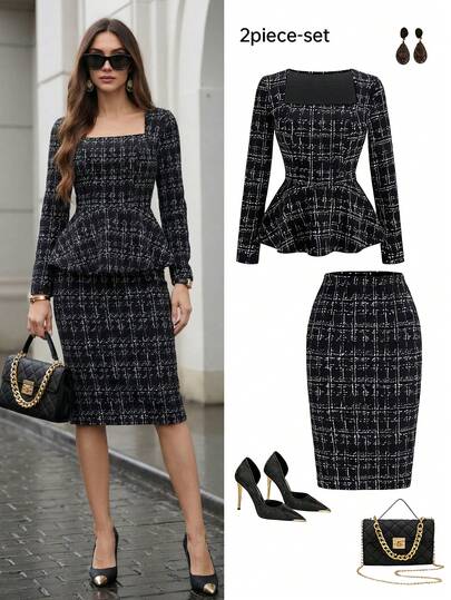 Ellevyn 女士通勤办公室弹力优雅百搭两件套裙套装，秋季