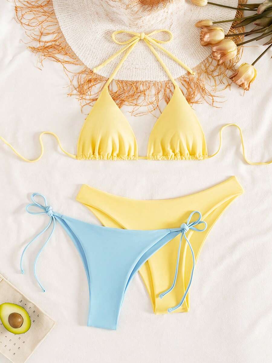 Swim Basics 3pcs/Set Women's Solid Color Halter Tie Sexy Bikini Swimwear Set, Summer Beach - Multicolor - View 1