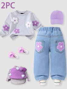 Baby Girls' Casual Cute Set, 3D Crochet Sweater And Denim Pants, Autumn/Winter Clothing - Light Grey - View 8