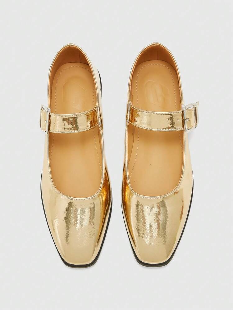 CUCCOO BIZCHIC Women's Shoes Spring And Autumn Comfortable Casual Cute Flat Shoes, Fashionable Commuting Silver Buckle With Square Buckle, Closed Low Vamp Small Square Toe Simple Slip On Shoes Office Vacation Women's Shoes Valentine's Day