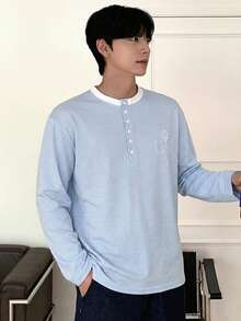 DAZY Men's Spring Patchwork Collar Blue & White 2 In 1 Letter Embroidery T-Shirt - Blue and White - View 4