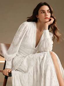 Anewsta 女士奢华新年圣诞连衣裙，优雅派对礼服，感恩节服装，法式褶皱V领泡泡袖修身连衣裙 - 杏色 - 查看 2