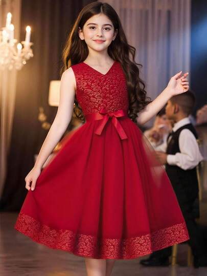 SHEIN Tween 女童 V 领无袖豹纹提花网眼下摆优雅连衣裙