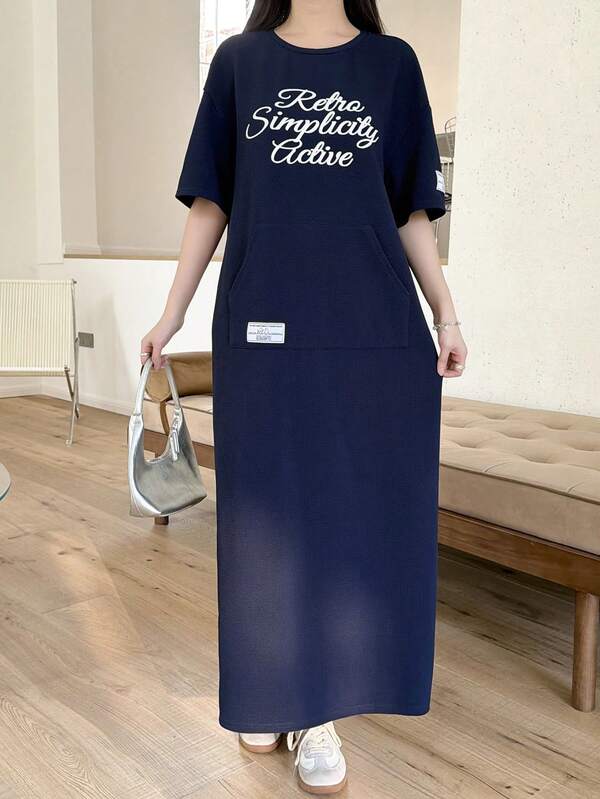 SHEIN Teen Girls' Knitted Navy Blue Short Sleeve Letter Print Patch Pocket Loose Long Casual Minimalist Dress