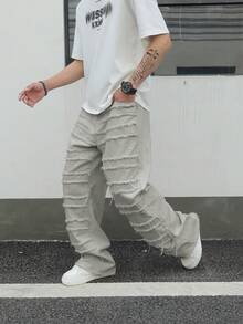 Manfinity ZONE917 Jeans casuales de pierna ancha con bolsillos y efecto desgastado, de corte holgado para hombre - Gris - Ver 5