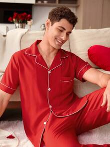 CoupledUp Contrast Trim Lapel Short Sleeve Pajama Set For Men - Red - View 5