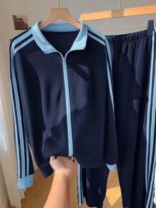 Comfortcana Blaues Ribbon Zweiteiler Set in Große Größen, Lässig und Sportlich - Blau - Übersicht 6