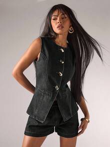 SHEIN BAE Áo sơ mi denim nữ màu trơn cổ tròn không tay cài cúc phía trước - màu đen - Xem 6