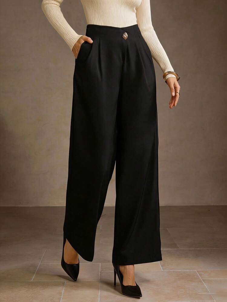 FOLD PLEATED SLANT POCKET WIDE LEG PANTS