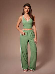 Lazeform Women's Fashion Spaghetti Strap Crop Top V-Neck Camisole + Embroidered Long Pants 2-Piece Pajama Set - Green - View 4