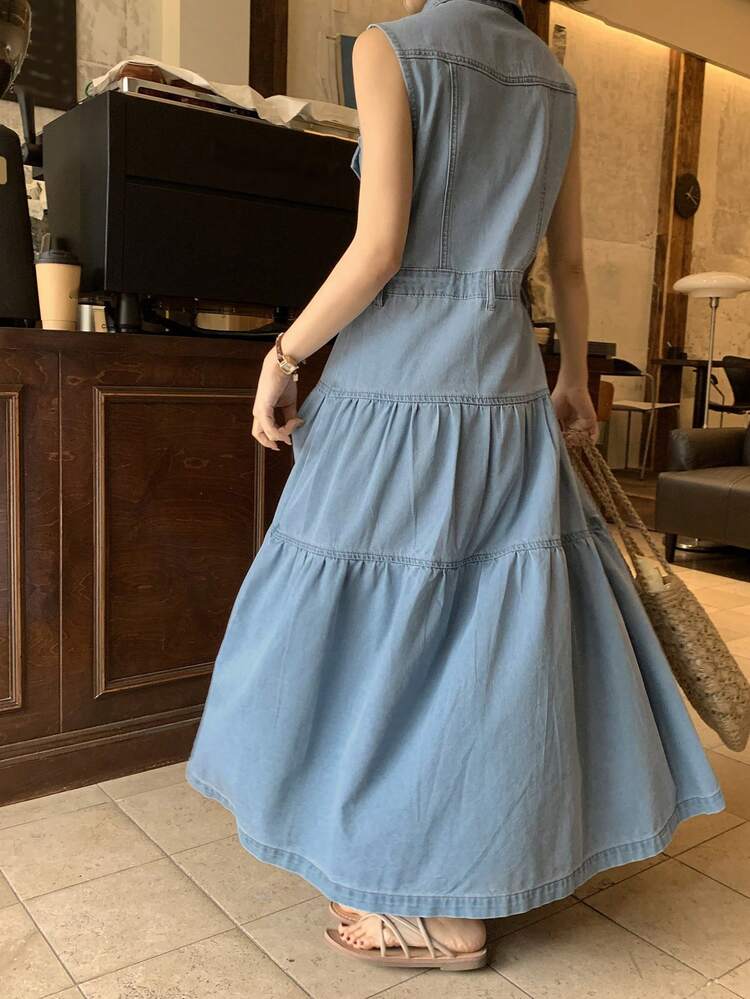 Women's Casual Washed Pocket Lapel Sleeveless Denim Dress, Summer,Wedding Guest Dress Women