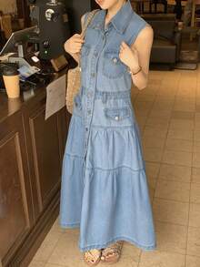 DAZY Women's Casual Washed Pocket Lapel Sleeveless Denim Dress, Summer - Blue - View 9