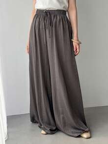 FRIFUL Pantalones casuales sueltos de unicolor con cordón en la cintura, versátiles para primavera y verano - Gris - Ver 3