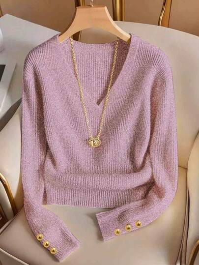 Franclia V-Neck New Elegant Solid Color Knit T-Shirt, Minimalist Fashion Knit Top