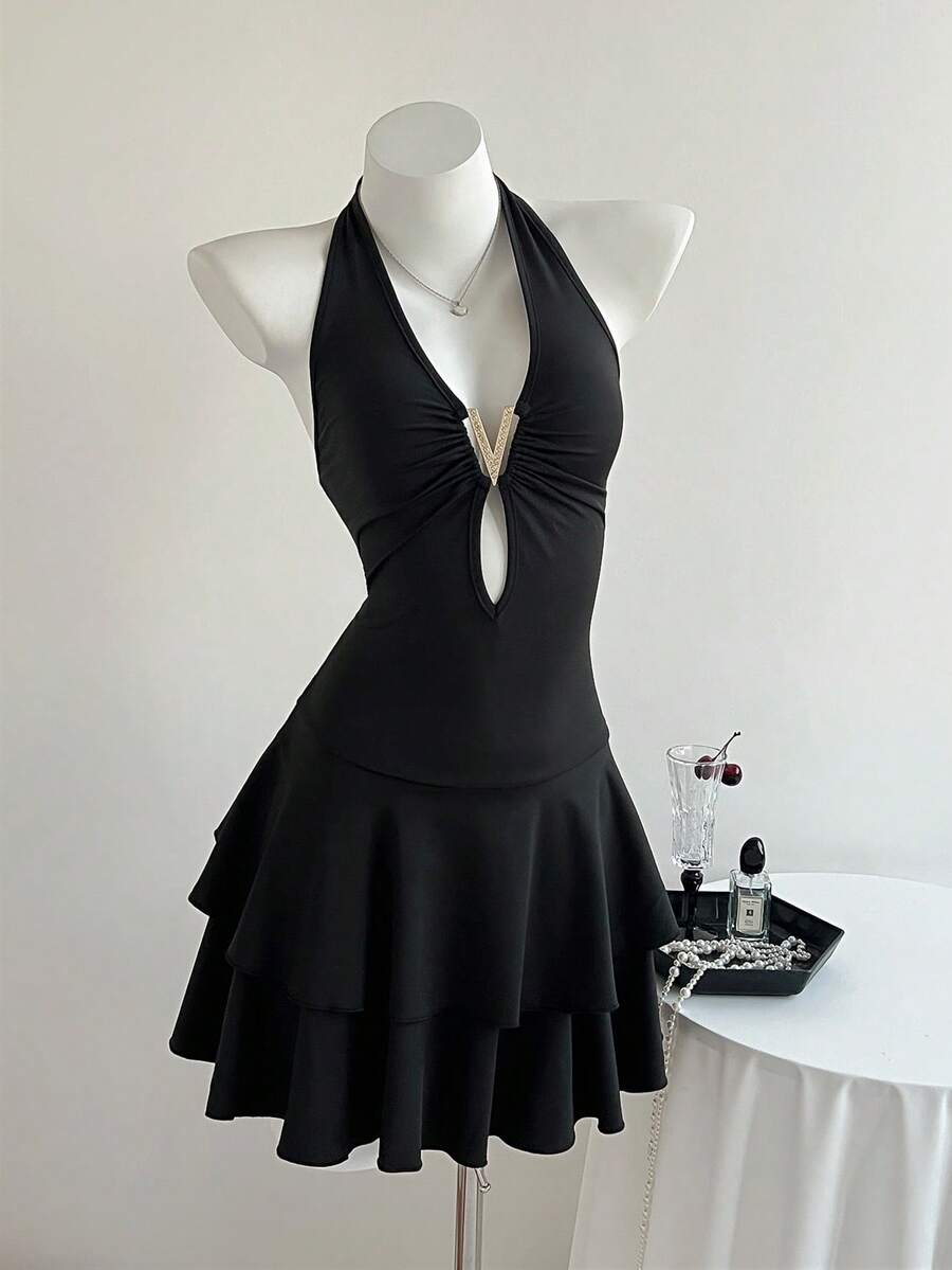 Elamini Women's Black Deep V-Neck Backless Ruffle Hem Mini Dress, Sexy, Vacation Style, Party - Black - View 1