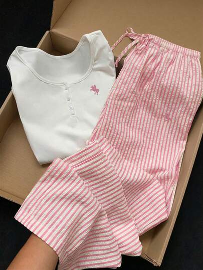 Comfortcana 2026 New Spring/Summer Women's Casual Embroidered Detail Button Top And Striped Pants 2-Piece Set, Pink Spring Outfit Suitable For Beach, Thanksgiving, New Year, Christmas And Other Occasions Summer Two Piece Set Summer Pants Sets