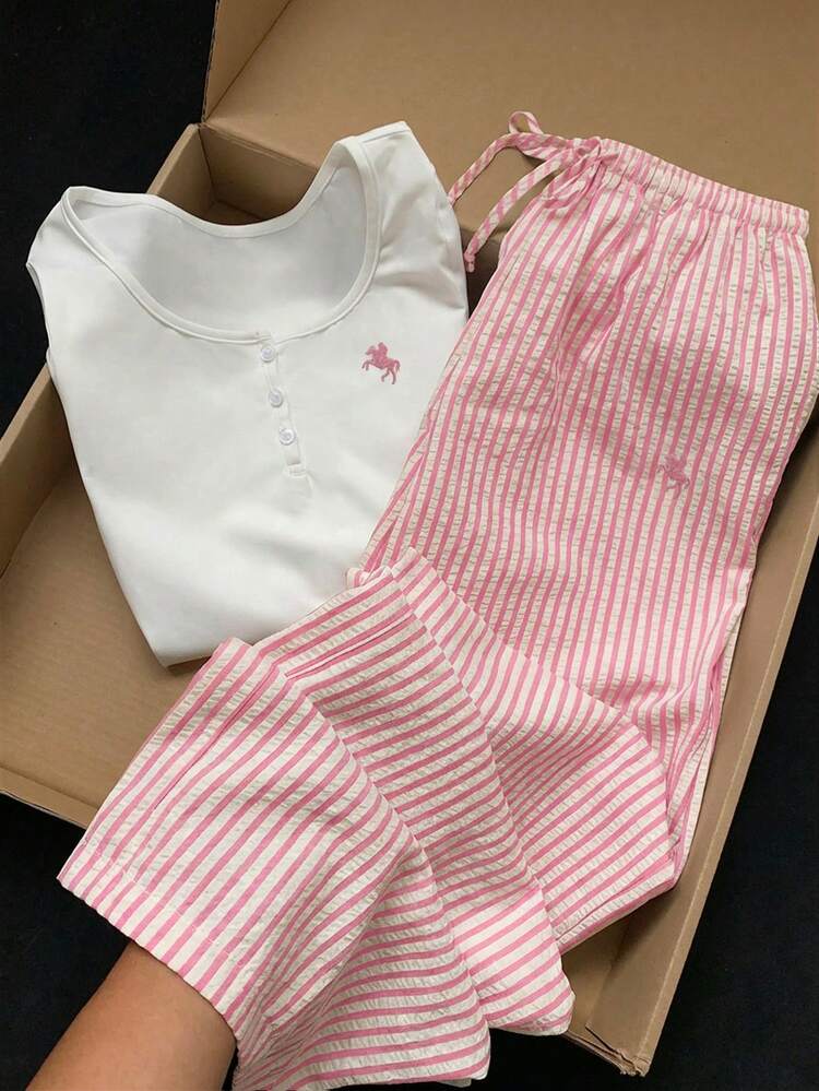 Comfortcana Conjunto de 2 piezas de primavera/verano 2026 para mujer con blusa casual con detalles bordados y pantalones a rayas, conjunto de primavera color rosa adecuado para la playa, Acción de Gracias, Año Nuevo, Navidad y otras ocasiones - Rosa - Añade 1
