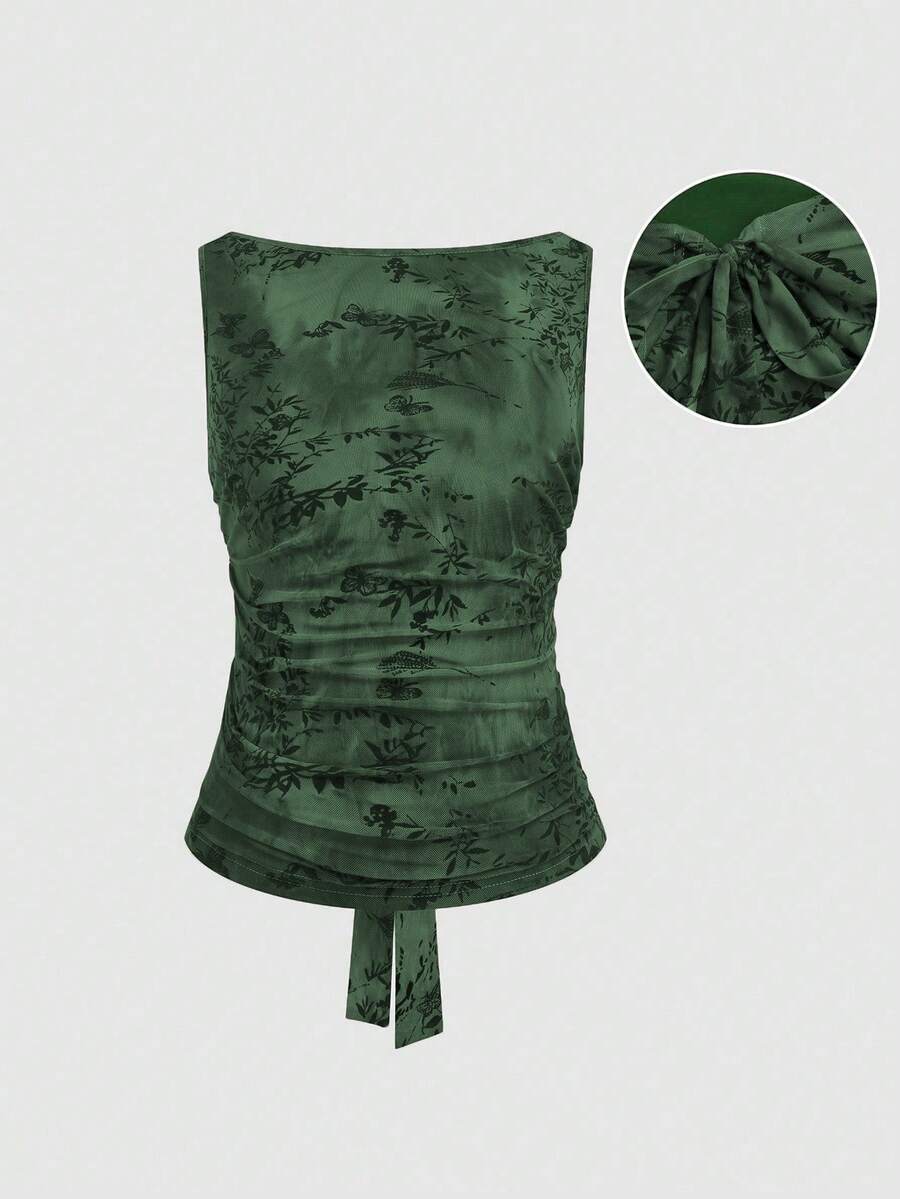 Sweetra Áo hai dây không tay ôm sát, hở lưng, cổ tròn, buộc dây, màu đỏ rượu vang trơn, chất liệu lưới nhung, cỡ lớn, thích hợp cho mùa xuân/thu, hè. - màu xanh lá - Xem 1