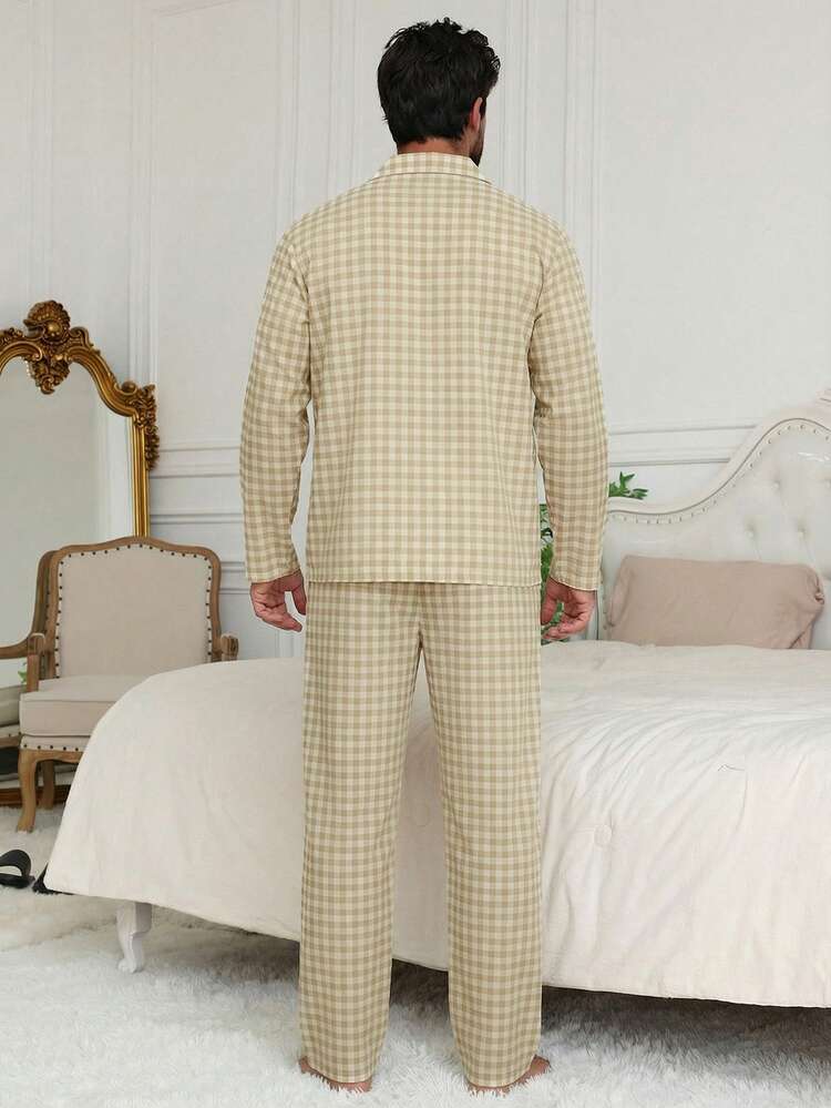 Plaid Beige Long Sleeve Shirt And Pants Pajama Set For Men, Spring/Autumn