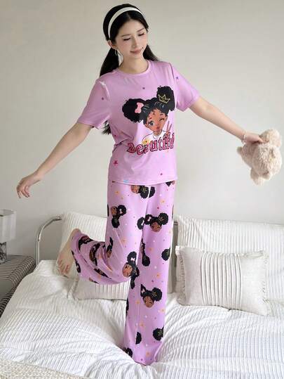 SHEIN Teen Girl Cartoon Girl Print Knit Short Sleeve Top And Pajama Pants Sleepwear Set