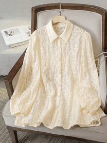 Lacomfia Women's Lantern Sleeve Loose 3D Floral Embroidery High-End Elegant Plus Size Blouse - Apricot - View 1