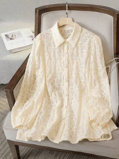 Lacomfia Women's Lantern Sleeve Loose 3D Floral Embroidery High-End Elegant Plus Size Blouse